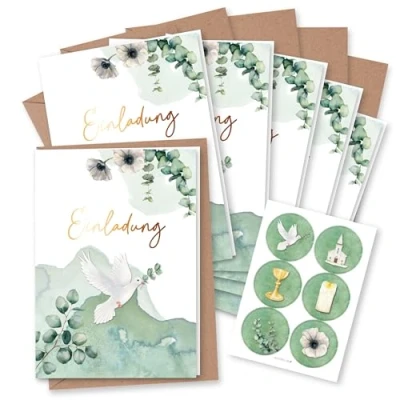 Afbeelding van Papierdrachen 6 uitnodigingskaarten voor christelijke feesten zoals doop, communie, vormsel, eucalyptusmotief, vouwkaarten met envelop en bijpassende stickers, DIN A6