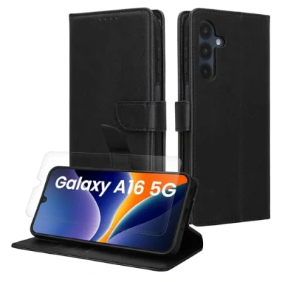 Afbeelding van kwmobile telefoonhoesje geschikt voor Samsung Galaxy A16 5G hoesje Smartphone case met pasjeshouder RFID blokkering en screenprotector In zwart