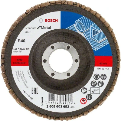 Image de BOSCH 2608603652 disque à lamelles X431 Standard pour métal, diamètre 115 mm, grain 40, version angulaire