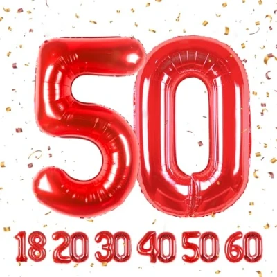 Afbeelding van Ballonnen verjaardag 50 rood 100 cm ballon cijfer 50, nummer Happy Birthday decoratie, ballonnen, verjaardagsfeest, jaren vliegen dankzij heliumballonnen