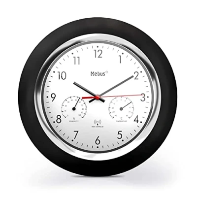 Afbeelding van MEBUS Draadloze wandklok met thermometer en hygrometer / zwart frame witte wijzerplaat 24cm diameter rond Model: 19453 Kleur: zwart, wit