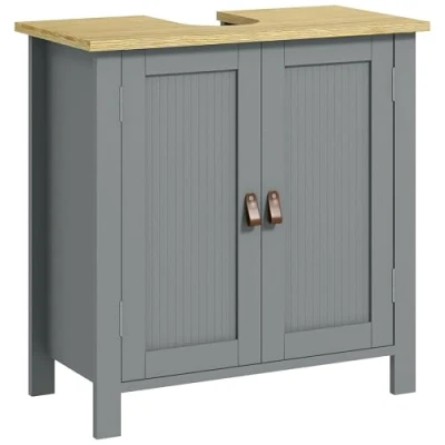 Afbeelding van kleankin Wastafelonderkast, badkamermeubel voor onder de wastafel, 2 deuren, verstelbare plank, etages binnenin, PU handgrepen, 60 x 30 cm, grijs