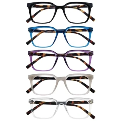 Afbeelding van OPULIZE KOI Leesbril, 5 stuks, groot rechthoekig frame, zwart blauw, paars lichtgrijs, heren en dames, veerscharnieren, RRRRR50 1357C, +2.00