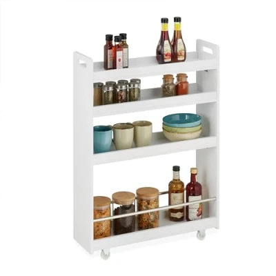 Afbeelding van Relaxdays Wandelwagen met 4 planken voor keuken en badkamer, hoogte 83,5 x 18 59,5 cm, MDF rolwagen, wit, 1 stuk