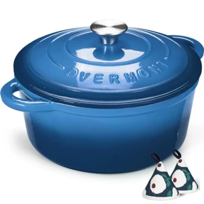 Image de Overmont Cocotte en fonte émaillée Casserole de 7 l avec couvercle et maniques coton Batterie cuisine robuste pour braiser, ragoûts, rôtir, cuire du pain, bleu