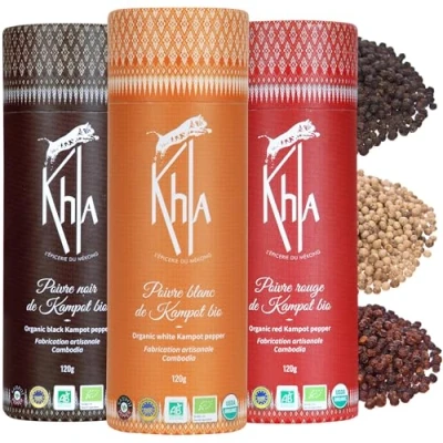 Afbeelding van Khla Set van 3 biologische pepers Kampot Geschenkdoos Trio peperkorrels x 120g Grands Crus, Rares Wereldpeper Beperkte productie Kruiden uit Azië Keuken Oorsprong Cambodja