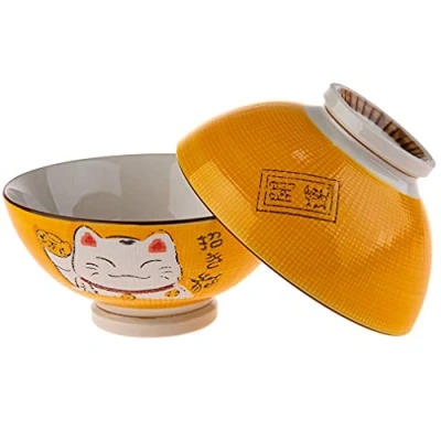 Afbeelding van lachineuse 2 soep of ramenkommen Maneki Neko Design Geel kleur Multifunctionele kommen Porselein Japanse decoratie Cadeau idee Japan Azië