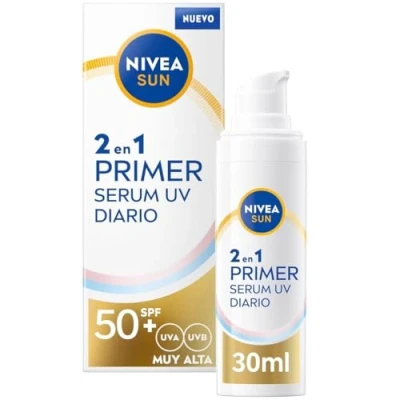 Afbeelding van Nivea Sun Primer 2 in 1 UV serum voor dagelijks gebruik met zonbescherming SPF 50+, gezichtsbescherming beschermt en verzacht de huid, hyaluronzuur lycocalcon A, x 30 ml