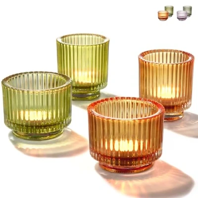 Afbeelding van theelichthouder, gekleurd glas, 4 decoratieve kaarsenhouders, decoratie voor huis, bruiloft, feest, tafeldecoratie