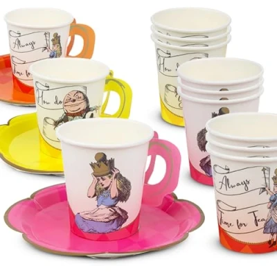 Afbeelding van Talking Tables 12 delige Alice in Wonderland kop en schotel set, gekke hoedenmaker afternoontea party decoraties voor verjaardag, baby cadeau receptie