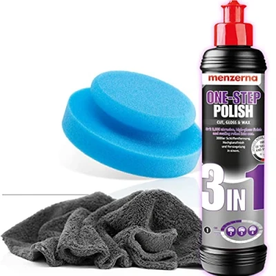 Afbeelding van Detailmate Menzerna Medium Cut Polish 3 in 1 250 ml + polijstspons Ø 130 mm ultrazachte microvezeldoek 550 g/m² beschermende handschoen