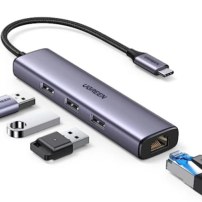 Afbeelding van UGREEN USB C Hub Gigabit Ethernet Adapter naar RJ45 1000Mbps met 3 3.0 poorten 5Gbps compatibel iPhone 16 Plus Pro Max 15 MacBook iPad Air 2024 Surface Galaxy S24
