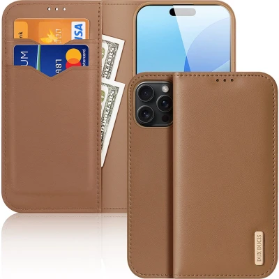 Afbeelding van Dux Ducis Hivo Hoesje Geschikt voor Apple iPhone 16 Pro RFID Book Case Ruimte Pasjes en Briefgeld Standaard Bruin