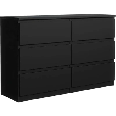 Afbeelding van commode zwart mat met 6 laden 140 cm, opbergkast, slaapkamer H: 78,5 L: 138,6 cm. D: 39 cm laden, volwassenen