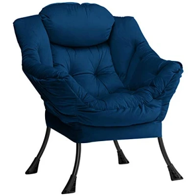 Afbeelding van HollyHOME Fluwelen relaxfauteuil, Scandinavische stoel, bijzetstoel, leesstoel, woonkamerstoel, slaapkamerstoel, donkerblauw