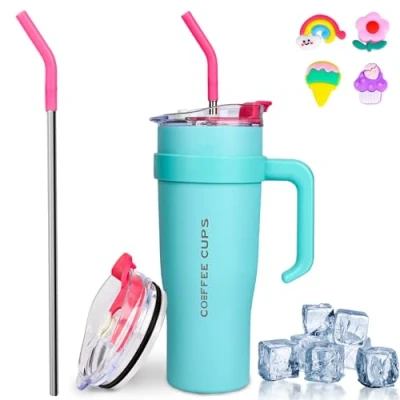 Afbeelding van Euakee Thermosbeker 1182 ml voor warme en koude dranken, vacuüm geïsoleerd, met rietje handvat, dubbelwandig 304 roestvrij staal, om mee te nemen, BPA vrij, blauw