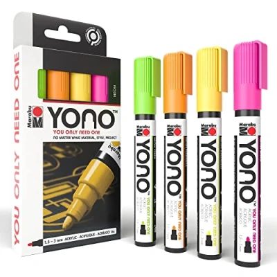 Afbeelding van Marabu YONO 1240000004000 Markeerset, neon met 4 kleuren, veelzijdige acrylstiften Japanse ronde punt, 1,5 3 mm, waterbasis, lichtecht en waterdicht, voor bijna alle ondergronden