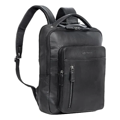 Afbeelding van STILORD Tory Leren Rugzak voor dames en heren, zakelijke stijl, vintage, 13 14 inch, handbagage, reisrugzak, zwart.,