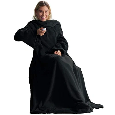 Afbeelding van CelinaTex TV deken met Mouwen en Voetenzak, Zachte Deken, 150 x 180 cm, Zwart, Microvezel, Fleece, Oeko Tex