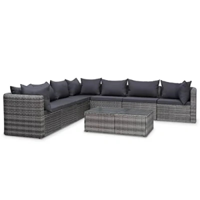 Afbeelding van 8 delige Loungeset met kussens poly rattan grijs