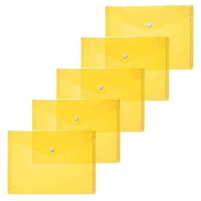 Afbeelding van HERMA 20052 Set van 5 transparante polypropyleen hoezen voor documenten, DIN A5 (25 x 18 cm) met drukknop school, universiteit, kantoor, enveloppen, geel