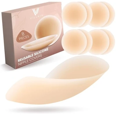 Afbeelding van Villkin 8 stuks tepelbeschermers voor dames, zelfklevend, herbruikbaar en wasbaar, tepelhoes van hoogwaardige siliconen, diameter 8,5 cm, Lichte huidskleur, één maat, huidskleur