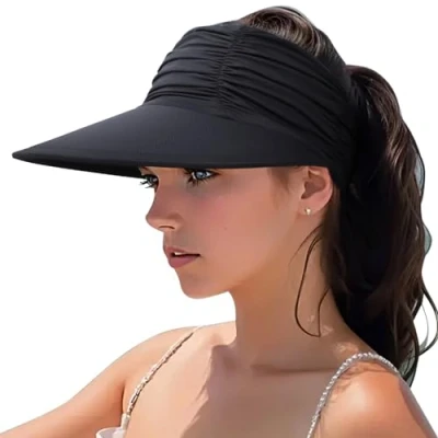 Afbeelding van DRESHOW Vrouwen Zonneklep Hoed Brede Rand Verstelbare Opvouwbare Paardenstaart Strand Zomer UV Bescherming Outdoor Cap UPF 50+, 1 x vizierhoed: roze
