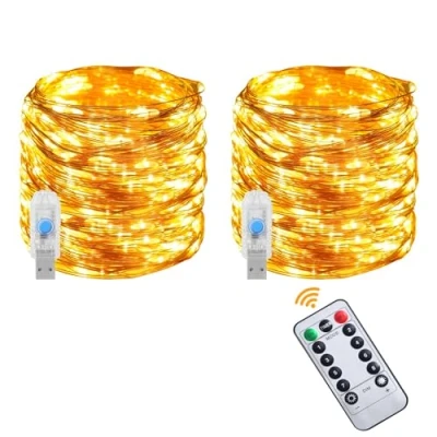 Afbeelding van Vicloon 2 stuks USB led lichtsnoer, doe het zelf, met afstandsbediening, 10 m, 100 leds, 8 modi en timer, mini lichtketting voor Kerstmis, slaapkamer, feest, bruiloft,