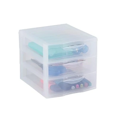 Image de SUNDIS Orgamix, petite tour de rangement en plastique transparent, 3 tiroirs format A6, hauteur 17 cm, superposable, idéale cosmétiques, bijoux, accessoires, fournitures