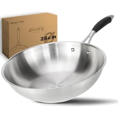 Afbeelding van DIVORY roestvrijstalen wokpan 28 cm &quot;PURA&quot; I Ongecoat, wok inductie, voor alle soorten kookplaten Grote pan inductiekookplaat, gasbrander, gaskookplaat Vaatwasmachinebestendig