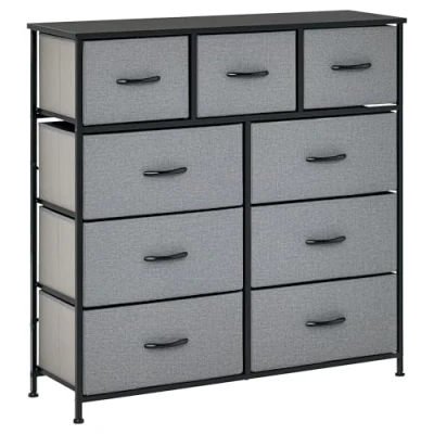 Afbeelding van HOMCOM Commode met 9 laden, opbergkast van stof, opvouwbaar, stalen frame, zwart, 100 x 30 cm, slaapkamer, entree, woonkamer, zwart en grijs