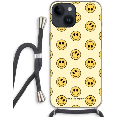 Afbeelding van Case Company® hoesje met Koord geschikt voor iPhone 14 Smiley N2 Telefoonhoesje Zwart Extra Bescherming aan alle Kanten en Over de Schermrand