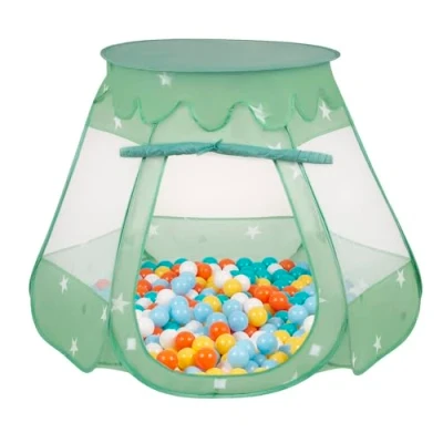 Afbeelding van Selonis Tent 105 x 90 cm, 200 ballen, kasteel met kunststof ballenbad voor kinderen, mintgroen: wit, geel, oranje, babyblauw, turquoise