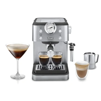 Afbeelding van De&#039;Longhi Linea Classic EM450.M, machine à café manuelle avec mousseur, expresso barista, buse pour Cappuccino, filtre double paroi, 15bar, tasses jusqu&#039;à 13 cm, acier inoxydable/métal