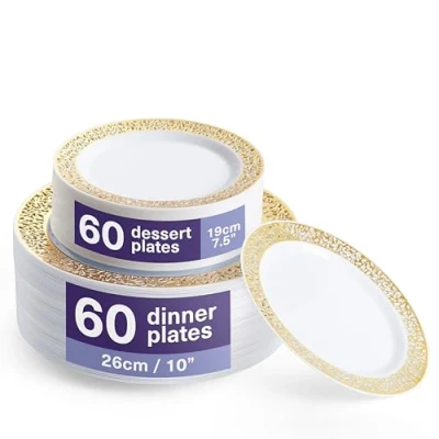 Afbeelding van MATANA 120 Set Premium Witte Herbruikbare Plastic Borden met Gouden Rand Inclusief 60 Diner (26cm) &amp; Dessert (19cm) voor Bruiloften, Verjaardagen, Doopfeesten, Kerstmis en Feesten