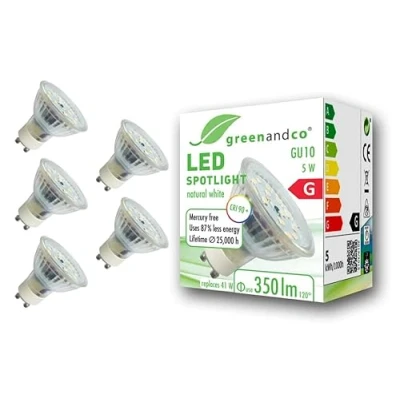 Afbeelding van 5 x greenandco® CRI 90+ 4000 K 110 LED spot GU10 W komt overeen met 41 W, 350 lm, neutraal wit, SMD 230 V AC, glas, geen flikkeren, niet dimbaar