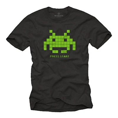 Afbeelding van MAKAYA Vintage Gamer Tee Retro Space Invaders motief Geek T shirt voor heren, zwart.