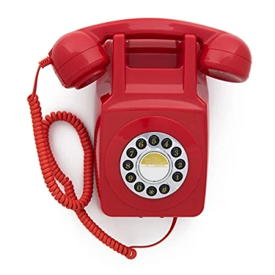 Afbeelding van GPO 746WALL Retro vaste telefoon met drukknoppen voor wandmontage authentieke beltoon rood