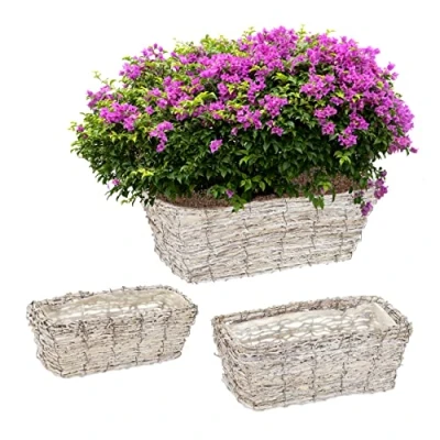 Afbeelding van Relaxdays plantenbak 3 stuks rotan bloempot rechthoekig met folie gebleekt