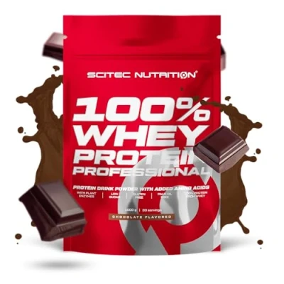 Afbeelding van Scitec Nutrition 100% Whey Protein Professional met essentiële aminozuren en spijsverteringsenzymen, glutenvrij, 1000 g, chocola