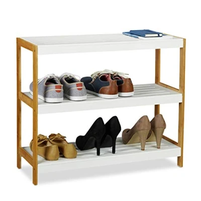 Afbeelding van relaxdays schoenenrek wit schoenenkast open schoenen opbergrek bamboe en MDF 3