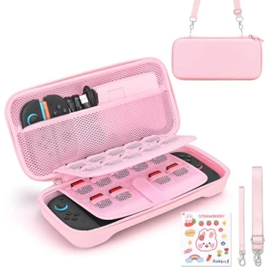 Afbeelding van Younik Étui de transport compatible avec NS Switch 2 (2025), étui 19 emplacements pour cartes jeu, accessoires 2, bandoulière et autocollants (rose)