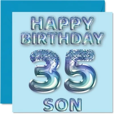 Afbeelding van Verjaardagskaart 35 jaar voor zoon, blauwe glitterballonnen, verjaardagskaarten jarige zoon van mama en papa, 145 mm x