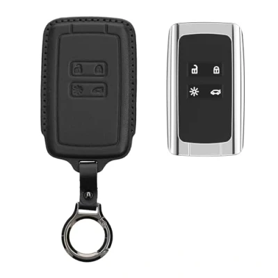 Afbeelding van kwmobile leren autosleutel hoesje geschikt voor Renault 4 knops Smartkey (alleen Keyless Go) Als sleutelhanger met sleutelring Echt leer in zwart