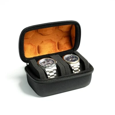 Afbeelding van AUKURA Reisetui met 2 vakken voor heren, harde opbergdoos ritssluiting groot horloge anti bewegingskussen (2 sleuven zwarte microvezelvoering)