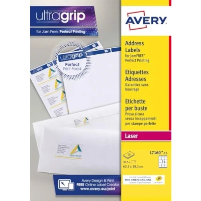 Afbeelding van AVERY Verpakking met 315 adresetiketten, zelfklevend, bedrukbaar, formaat 63,5 x 38,1 mm, laserdruk, (L7160 15)