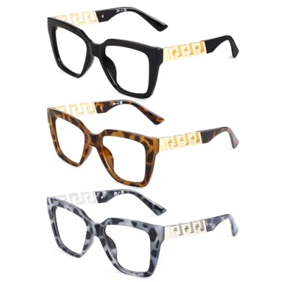 Afbeelding van JM Set van 3 paar vierkante leesbrillen voor dames Blokkering blauw licht Oversized mode Bril met visuele correctie, stuks.