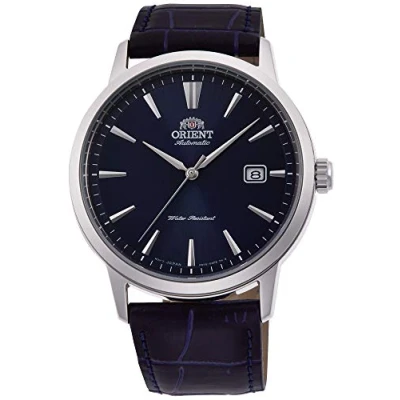 Afbeelding van Orient Automatisch analoog herenhorloge met leren band RA AC0F06L10B, zilver/blauw, armband, zilver/blauw., armband