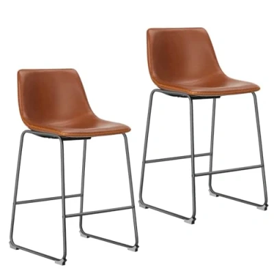 Afbeelding van NEWBULIG Counter Height Set van 2 barkrukken met rugleuning mat leer voor bar, bistro, café, keuken, zithoogte 66 cm, whisky bruin