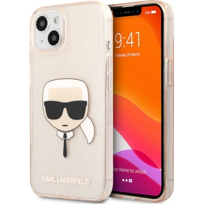 Afbeelding van Transparant Gouden hoesje van Karl Lagerfeld Hardcase Backcover iPhone 13 Mini Glitter Karl&#039;s head